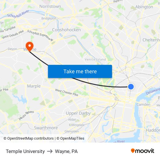 Temple University to Wayne, PA map