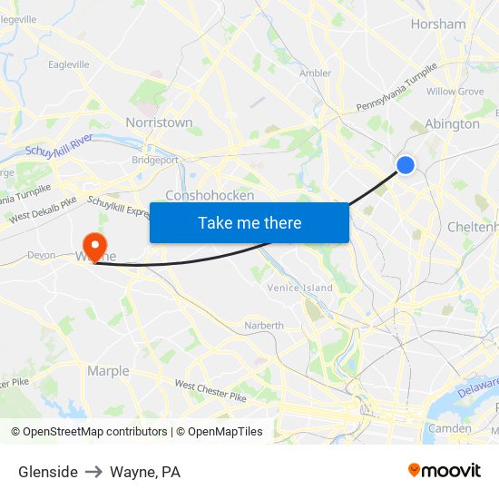 Glenside to Wayne, PA map