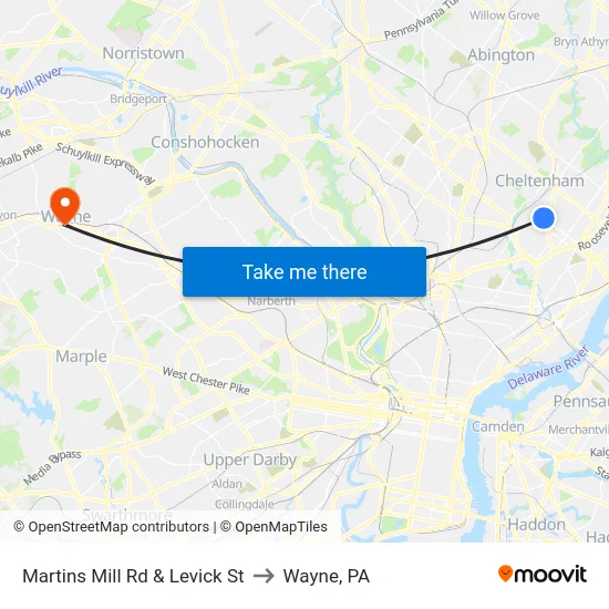 Martins Mill Rd & Levick St to Wayne, PA map