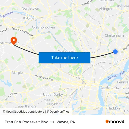Pratt St & Roosevelt Blvd to Wayne, PA map