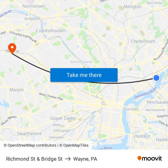 Richmond St & Bridge St to Wayne, PA map