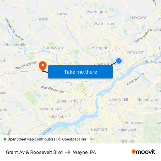 Grant Av & Roosevelt Blvd to Wayne, PA map
