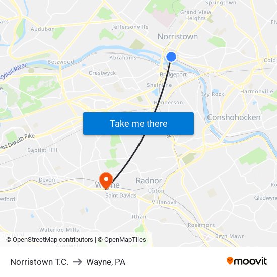 Norristown T.C. to Wayne, PA map