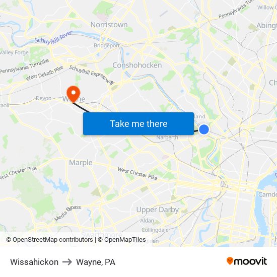 Wissahickon to Wayne, PA map