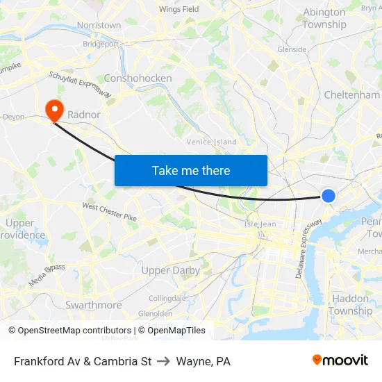 Frankford Av & Cambria St to Wayne, PA map