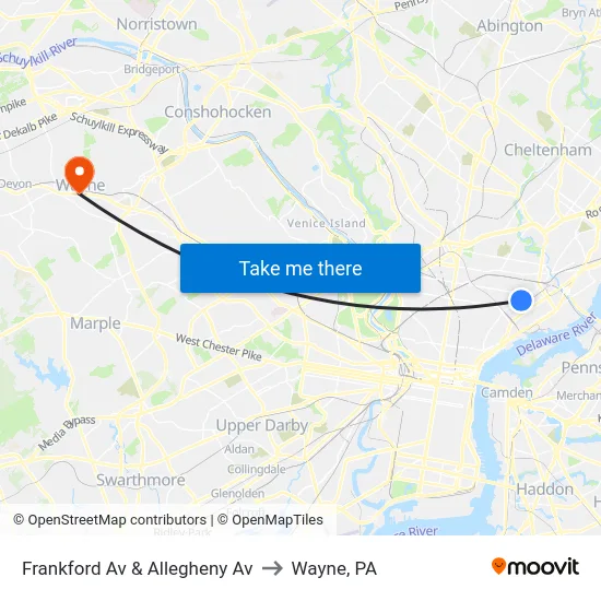 Frankford Av & Allegheny Av to Wayne, PA map