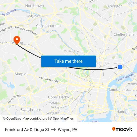 Frankford Av & Tioga St to Wayne, PA map