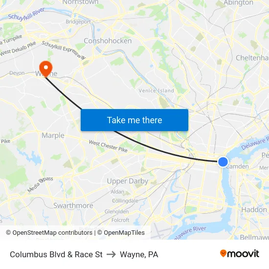 Columbus Blvd & Race St to Wayne, PA map