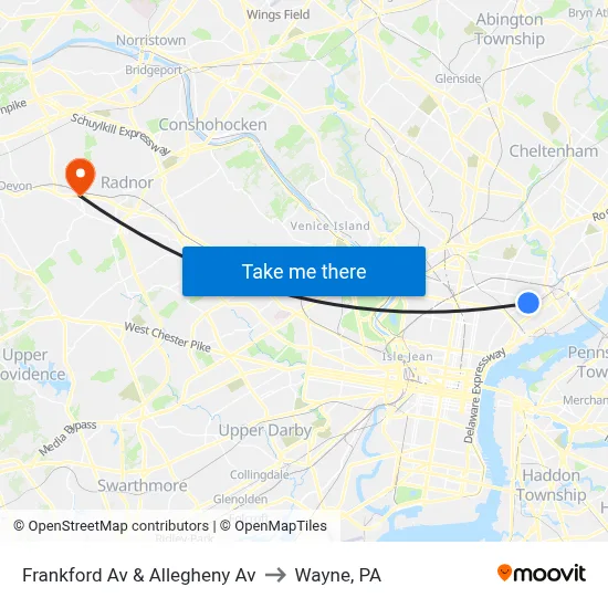 Frankford Av & Allegheny Av to Wayne, PA map