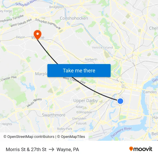 Morris St & 27th St to Wayne, PA map