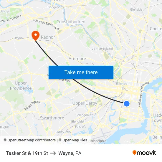 Tasker St & 19th St to Wayne, PA map