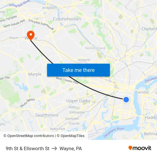 9th St & Ellsworth St to Wayne, PA map
