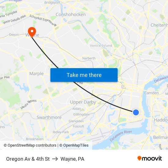 Oregon Av & 4th St to Wayne, PA map