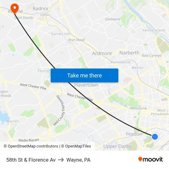 58th St & Florence Av to Wayne, PA map