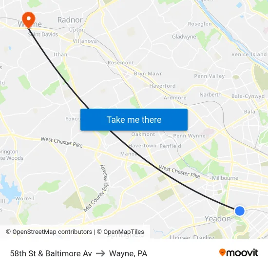 58th St & Baltimore Av to Wayne, PA map