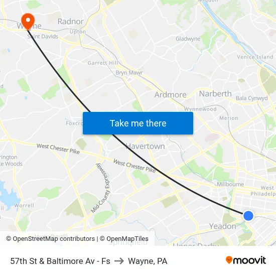 57th St & Baltimore Av - Fs to Wayne, PA map