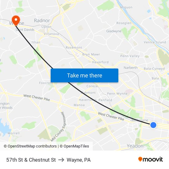 57th St & Chestnut St to Wayne, PA map