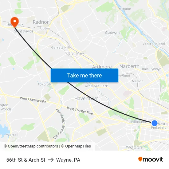 56th St & Arch St to Wayne, PA map