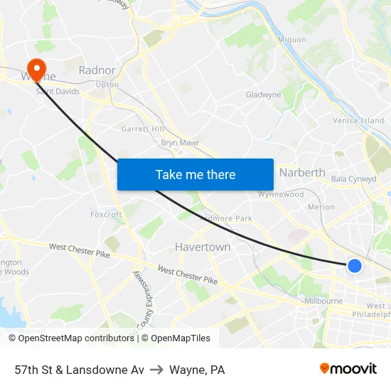 57th St & Lansdowne Av to Wayne, PA map