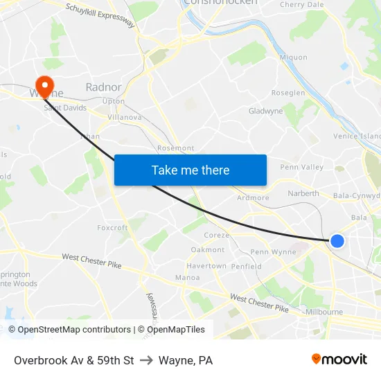 Overbrook Av & 59th St to Wayne, PA map