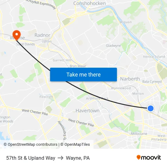 57th St & Upland Way to Wayne, PA map