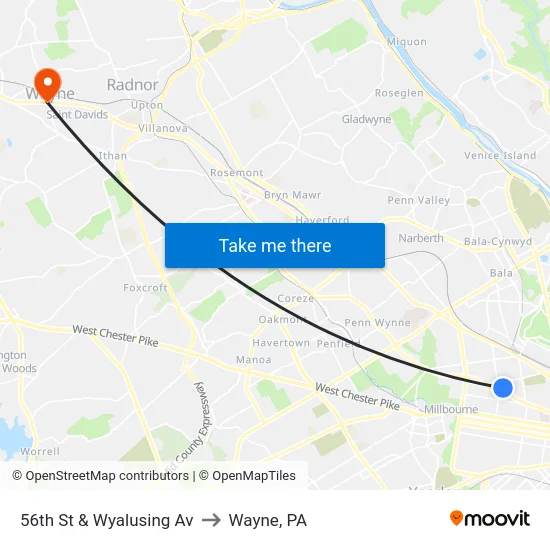 56th St & Wyalusing Av to Wayne, PA map