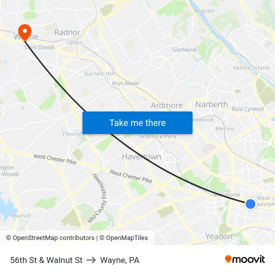 56th St & Walnut St to Wayne, PA map