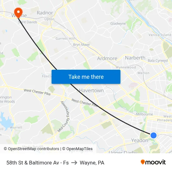58th St & Baltimore Av - Fs to Wayne, PA map