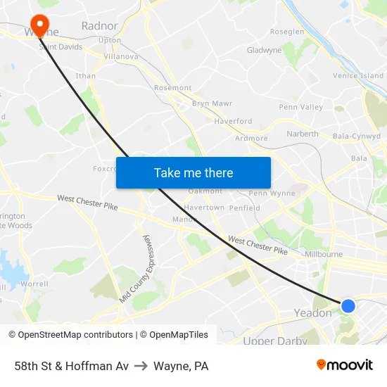 58th St & Hoffman Av to Wayne, PA map