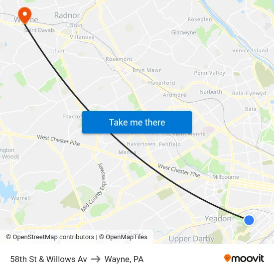 58th St & Willows Av to Wayne, PA map