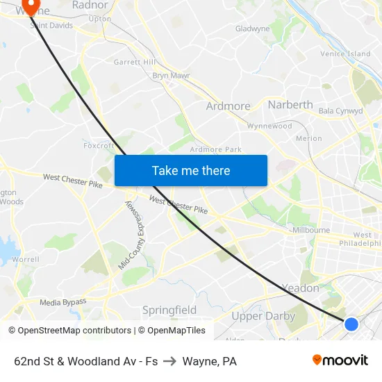 62nd St & Woodland Av - Fs to Wayne, PA map
