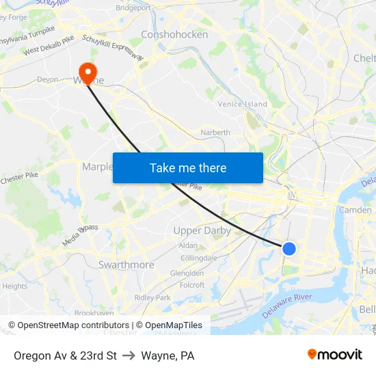 Oregon Av & 23rd St to Wayne, PA map