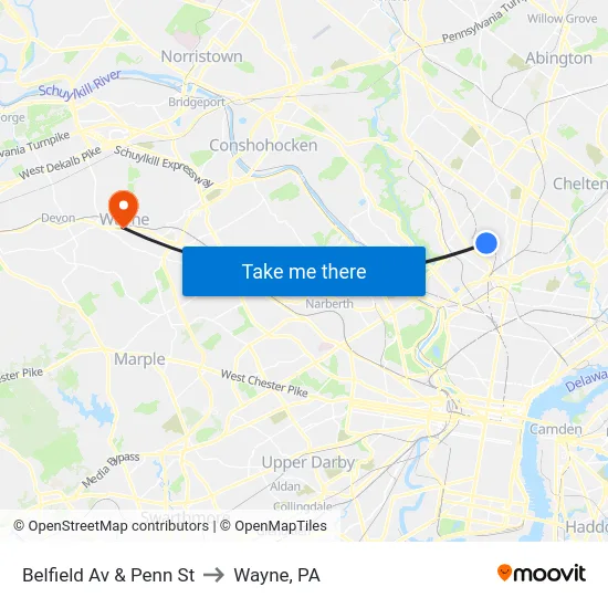 Belfield Av & Penn St to Wayne, PA map