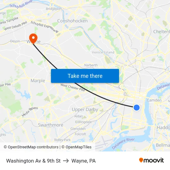 Washington Av & 9th St to Wayne, PA map