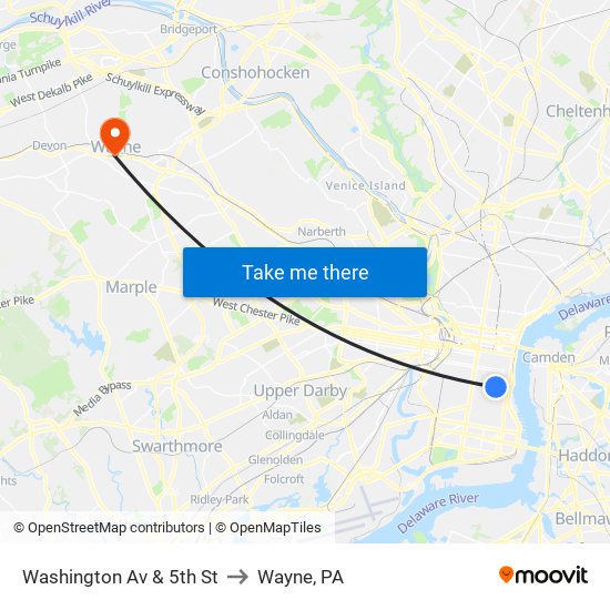 Washington Av & 5th St to Wayne, PA map