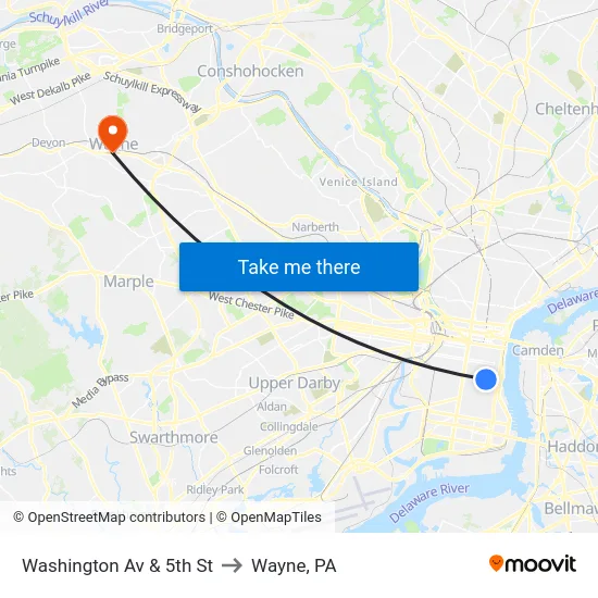 Washington Av & 5th St to Wayne, PA map