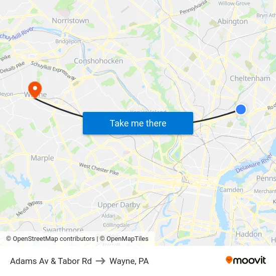 Adams Av & Tabor Rd to Wayne, PA map