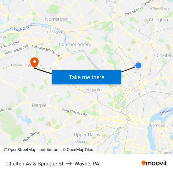 Chelten Av & Sprague St to Wayne, PA map