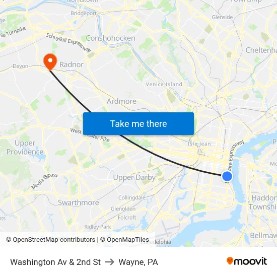 Washington Av & 2nd St to Wayne, PA map