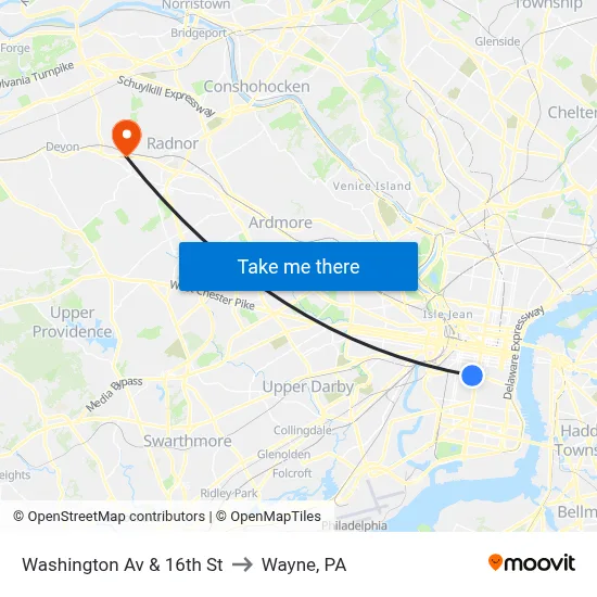 Washington Av & 16th St to Wayne, PA map