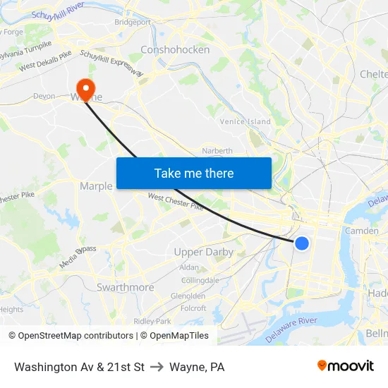 Washington Av & 21st St to Wayne, PA map