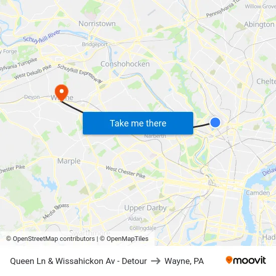 Queen Ln & Wissahickon Av - Detour to Wayne, PA map