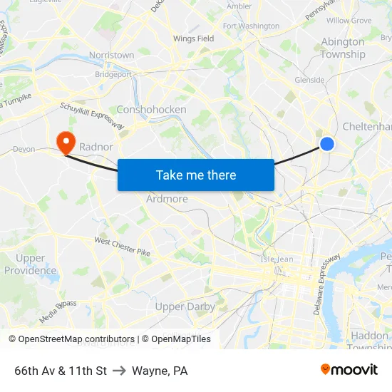 66th Av & 11th St to Wayne, PA map