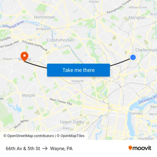 66th Av & 5th St to Wayne, PA map