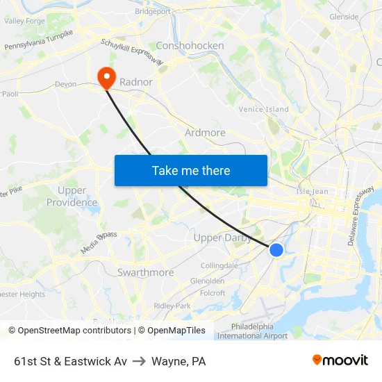 61st St & Eastwick Av to Wayne, PA map