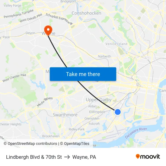 Lindbergh Blvd & 70th St to Wayne, PA map