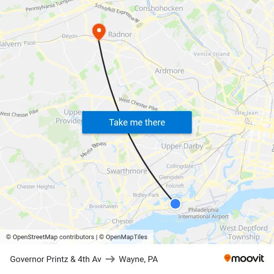 Governor Printz & 4th Av to Wayne, PA map