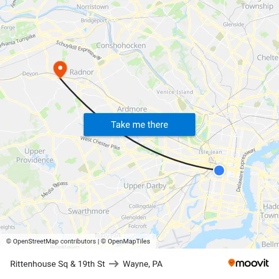 Rittenhouse Sq & 19th St to Wayne, PA map