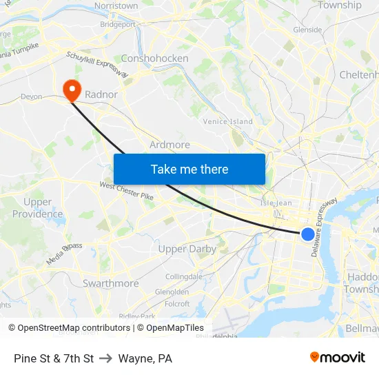 Pine St & 7th St to Wayne, PA map