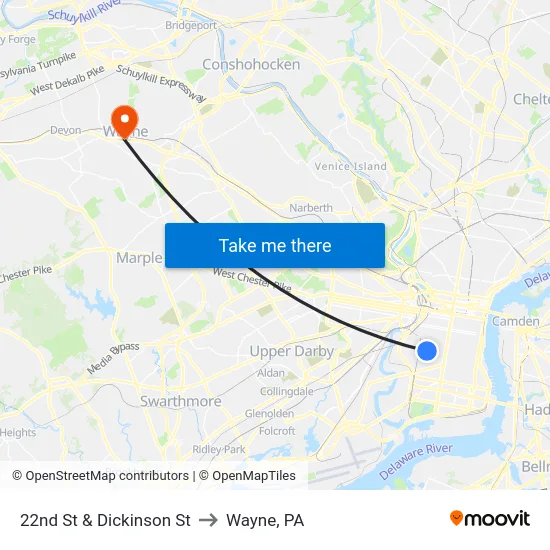 22nd St & Dickinson St to Wayne, PA map